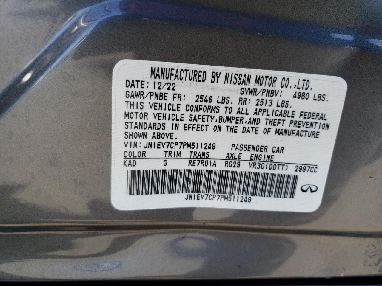 2023 INFINITI Q50 SENSORY VIN:JN1EV7CP7PM511249