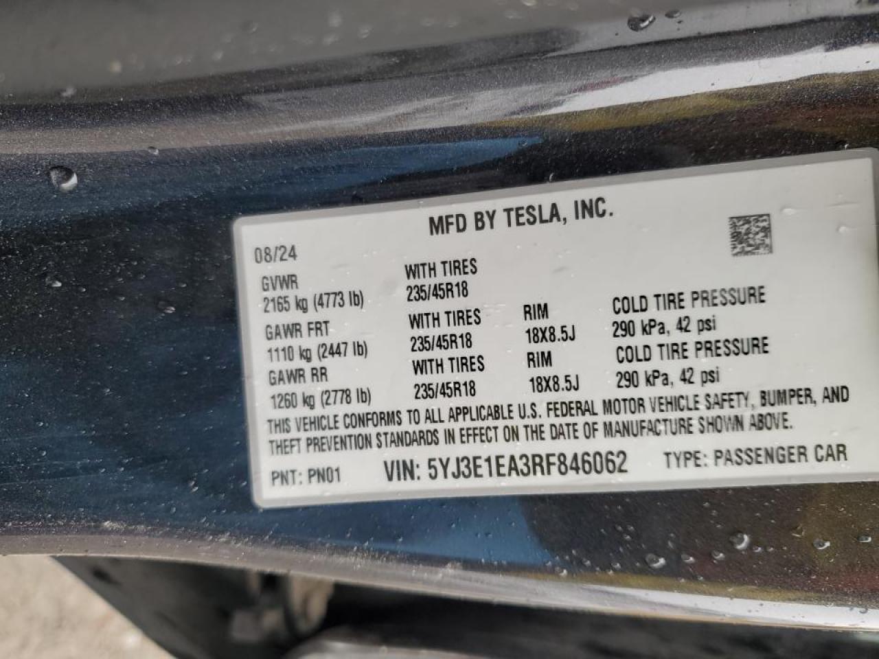 2024 TESLA MODEL 3  VIN:5YJ3E1EA3RF846062