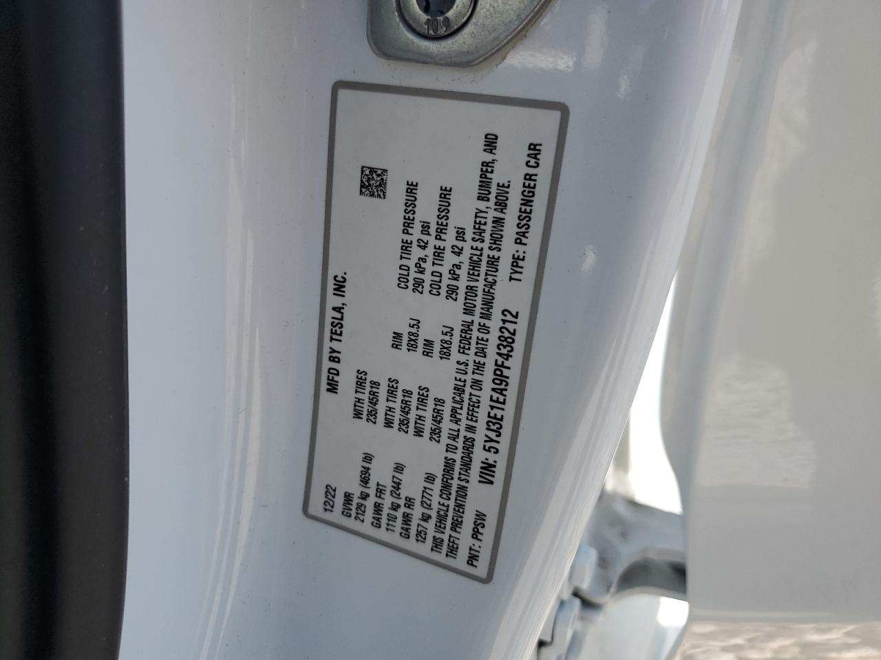 2023 TESLA MODEL 3  VIN:5YJ3E1EA9PF438212