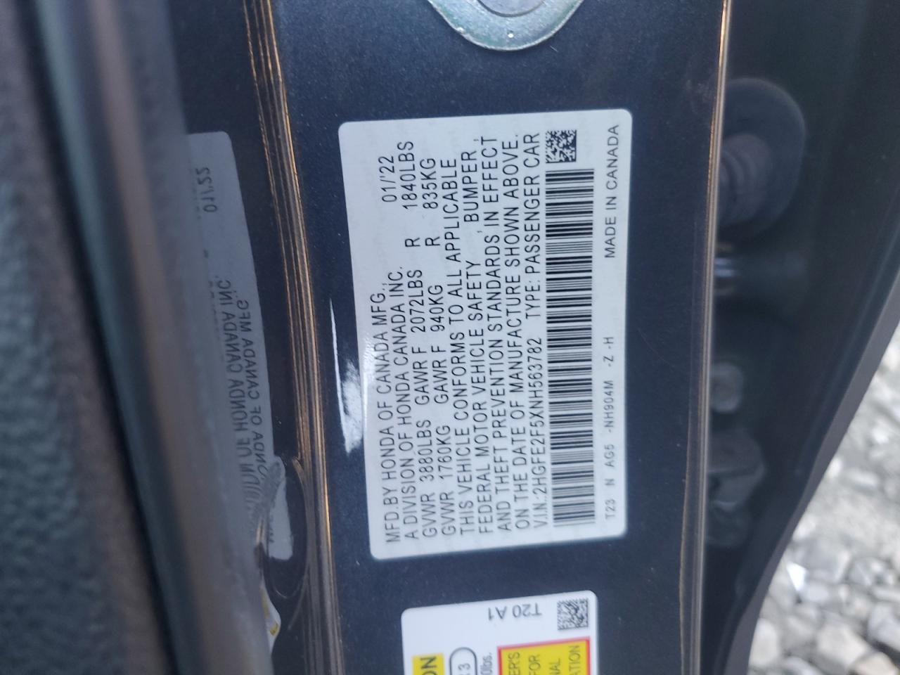 2022 HONDA CIVIC SPORT VIN:2HGFE2F5XNH563782