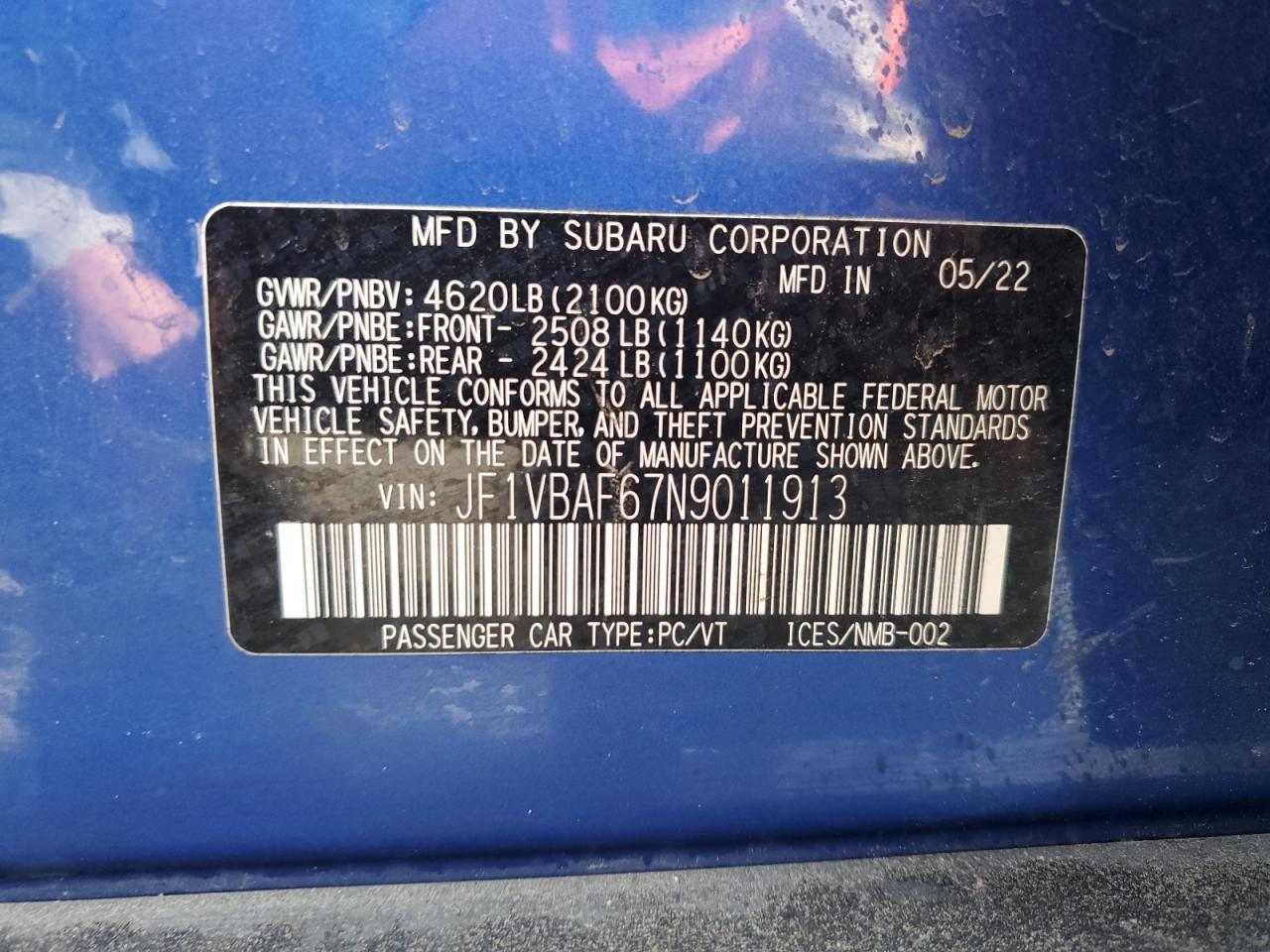 2022 SUBARU WRX PREMIUM VIN:JF1VBAF67N9011913