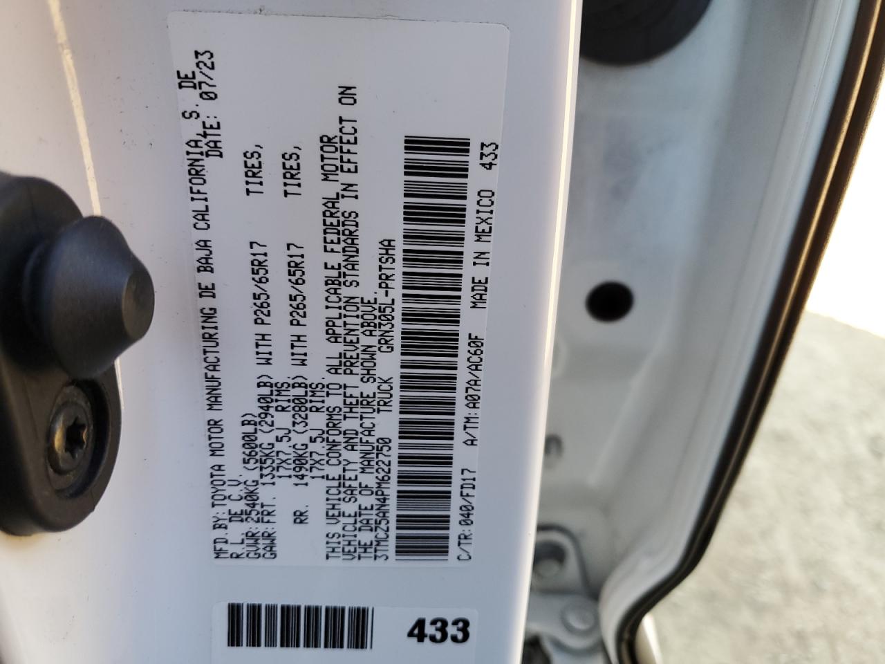 2023 TOYOTA TACOMA DOUBLE CAB VIN:3TMCZ5AN4PM622750