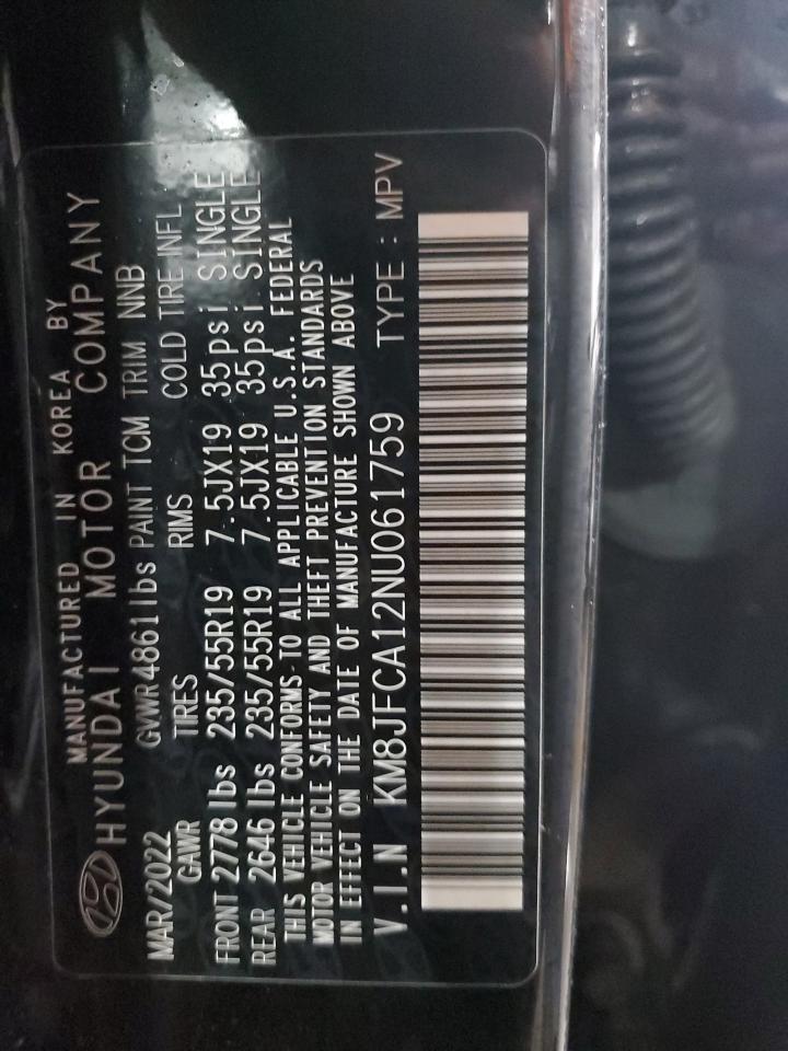 2022 HYUNDAI TUCSON SEL CONVENIENCE VIN:KM8JFCA12NU061759