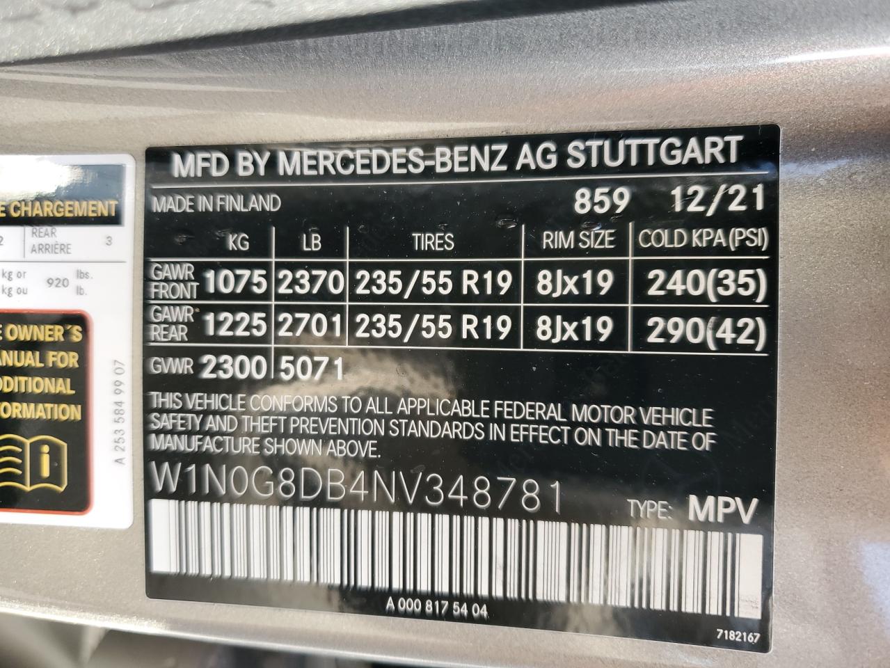 2022 MERCEDES-BENZ GLC 300 VIN:W1N0G8DB4NV348781