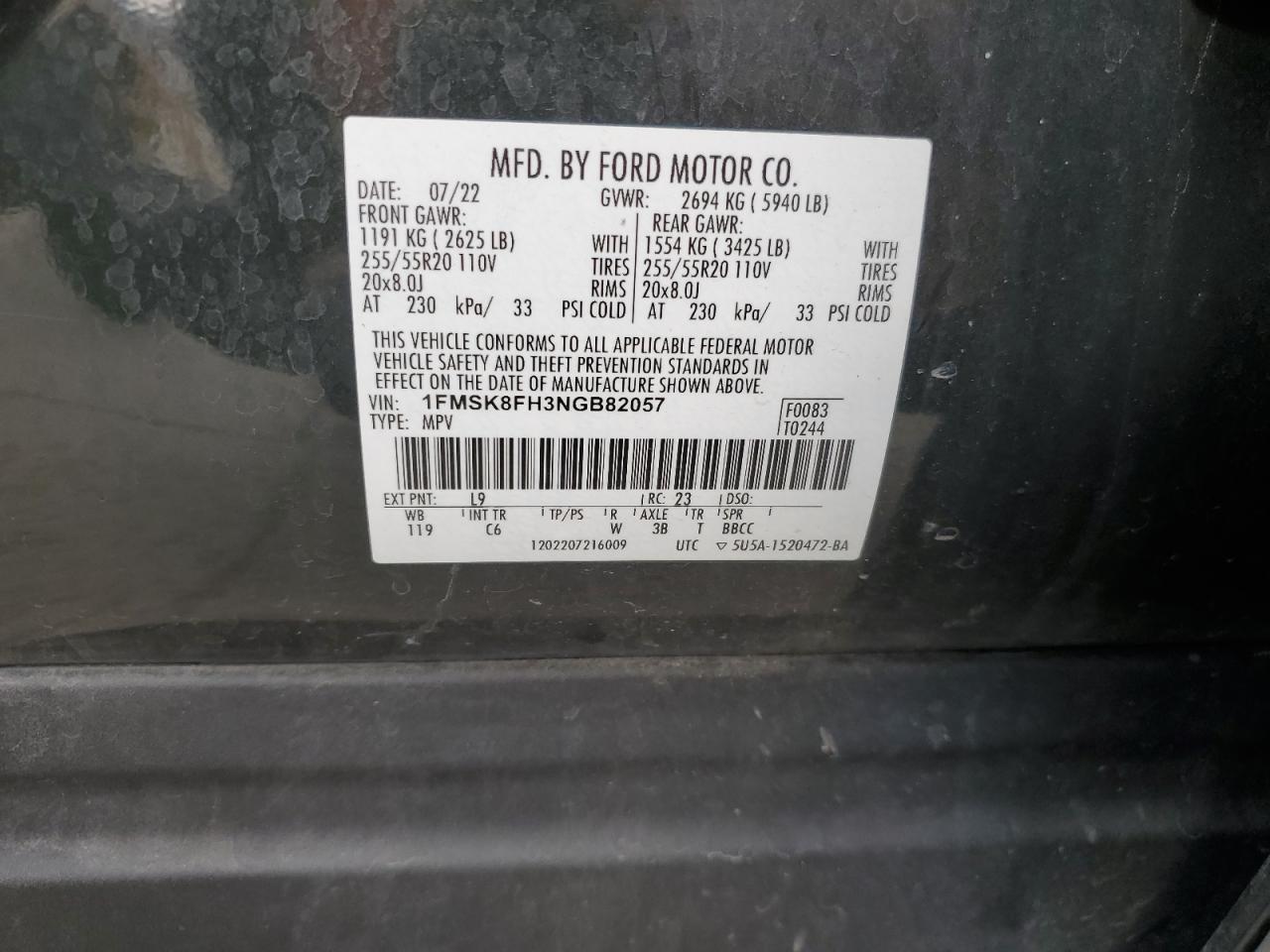 2022 FORD EXPLORER LIMITED VIN:1FMSK8FH3NGB82057