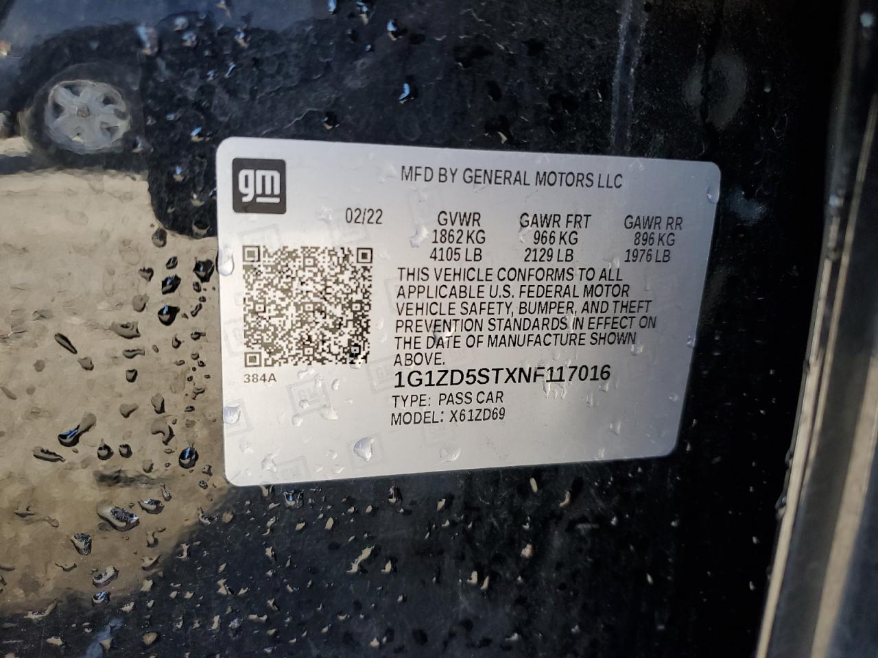 2022 CHEVROLET MALIBU LT VIN:1G1ZD5STXNF117016