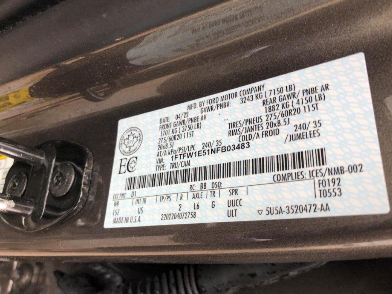 2022 FORD F150 SUPERCREW VIN:1FTFW1E51NFB03483