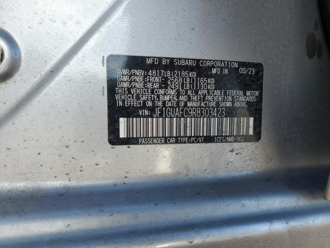 2024 SUBARU IMPREZA SPORT VIN:JF1GUAFC9R8303423