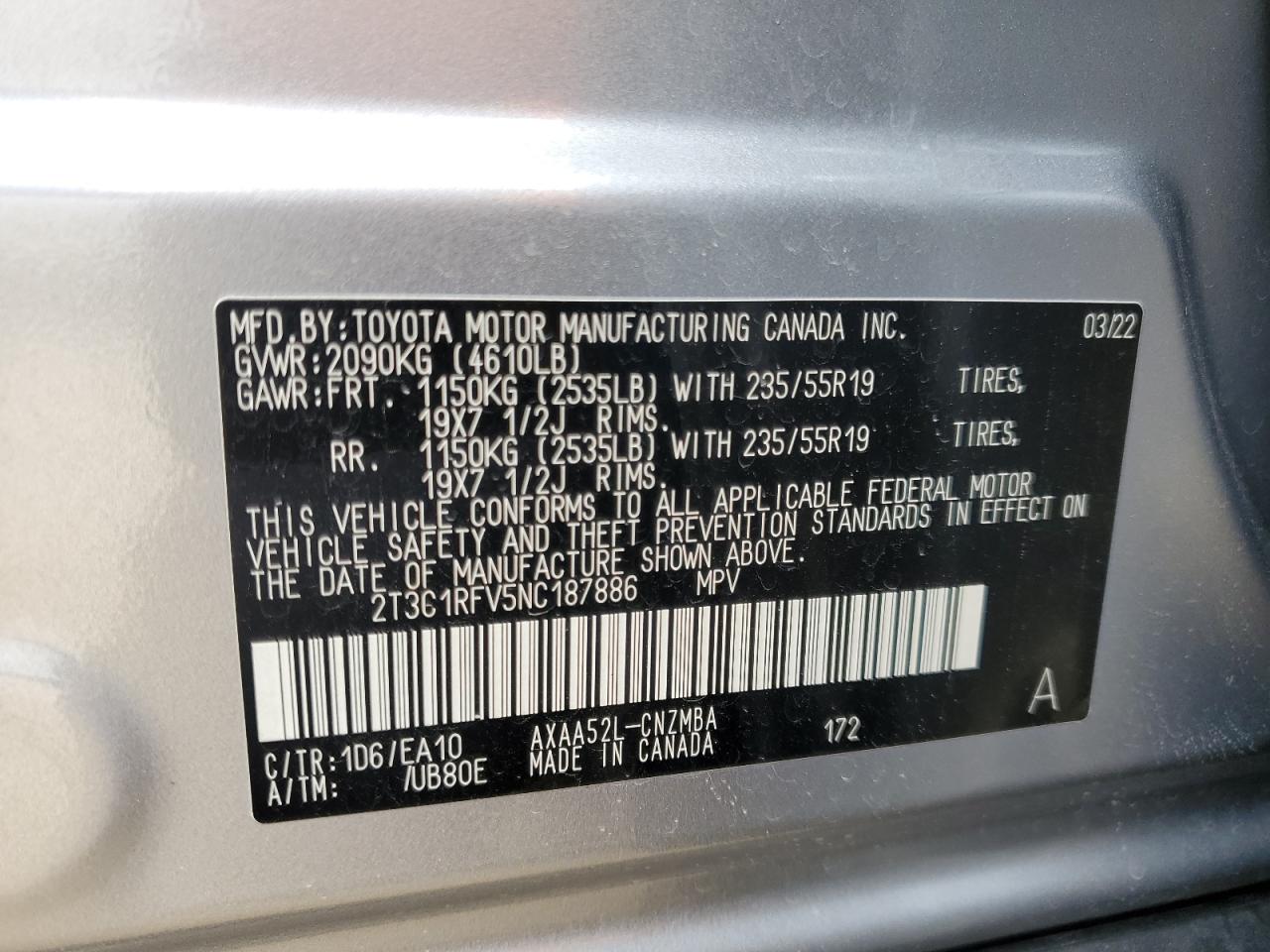 2022 TOYOTA RAV4 XLE PREMIUM VIN:2T3C1RFV5NC187886