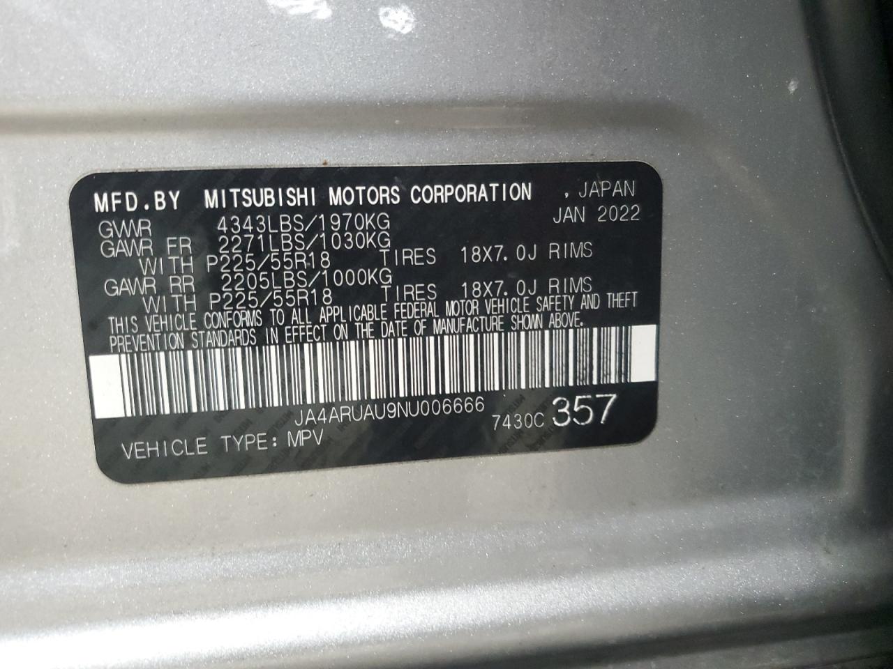 2022 MITSUBISHI OUTLANDER SPORT ES VIN:JA4ARUAU9NU006666