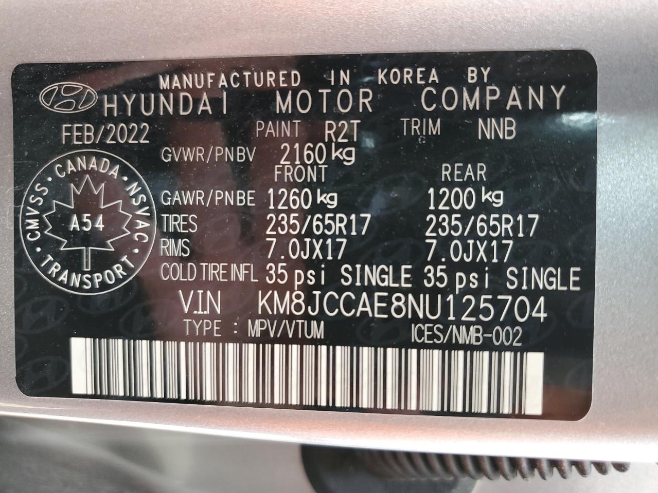 2022 HYUNDAI TUCSON SEL VIN:KM8JCCAE8NU125704