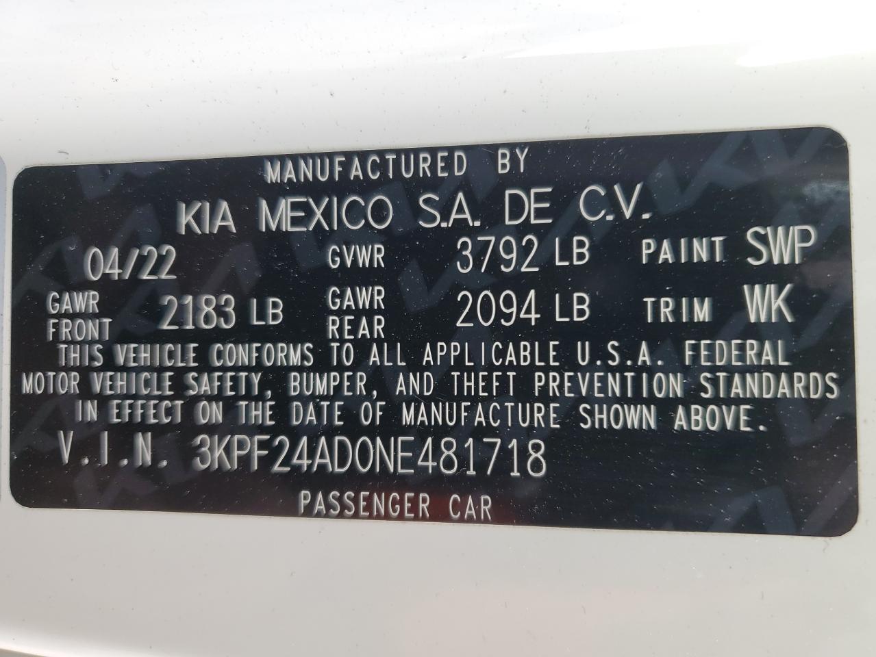 2022 KIA FORTE FE VIN:3KPF24AD0NE481718