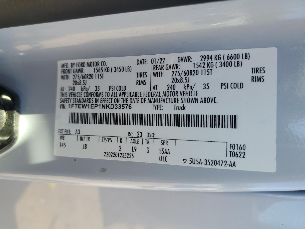2022 FORD F150 SUPERCREW VIN:1FTEW1EP1NKD33576