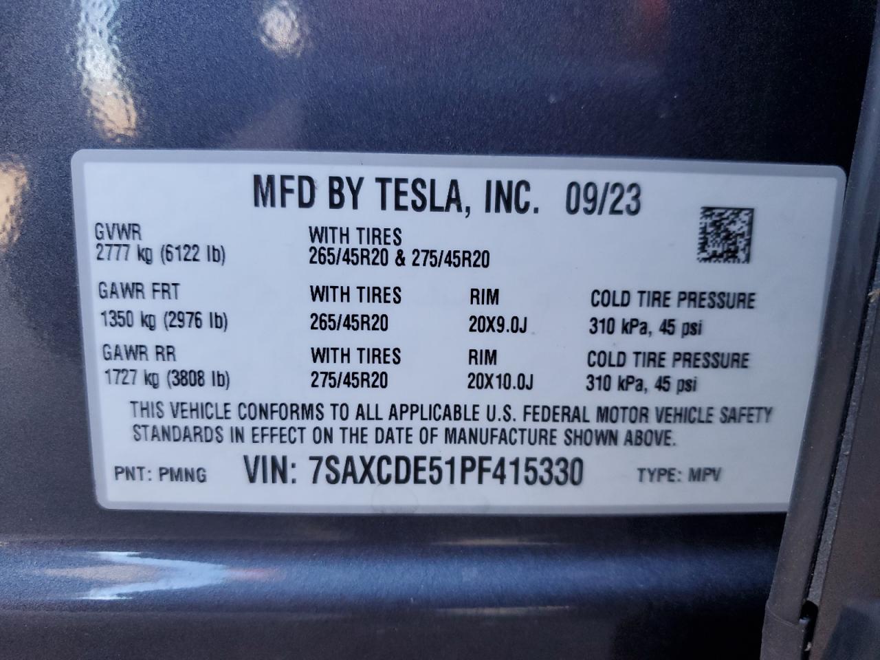 2023 TESLA MODEL X  VIN:7SAXCDE51PF415330