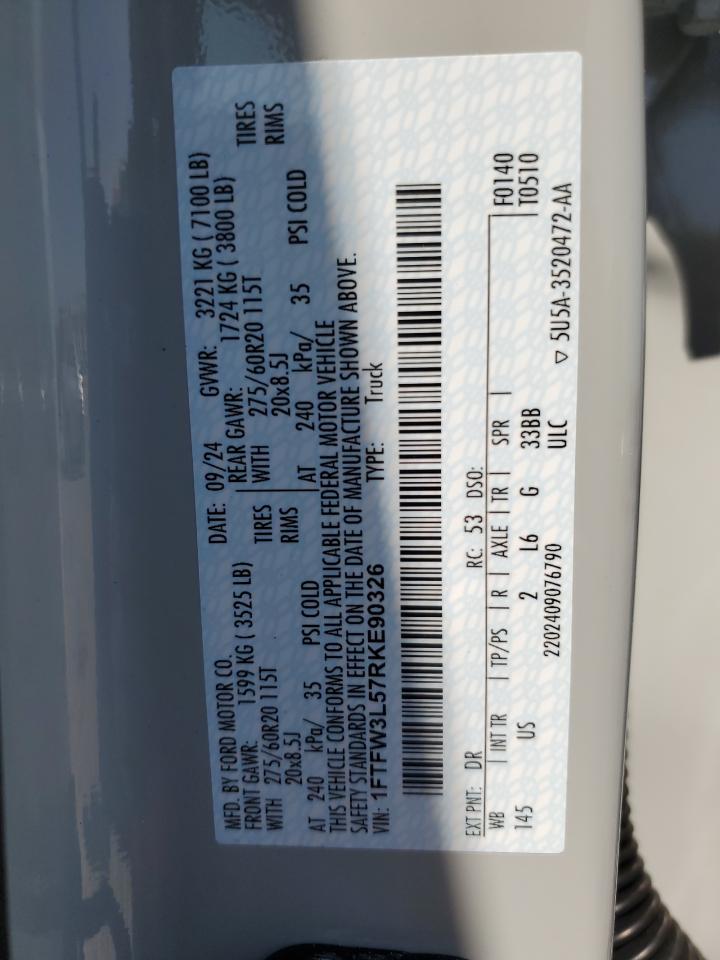 2024 FORD F150 XLT VIN:1FTFW3L57RKE90326