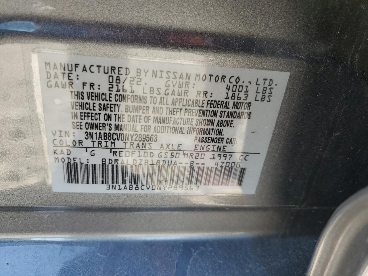 2022 NISSAN SENTRA SV VIN:3N1AB8CV0NY289563