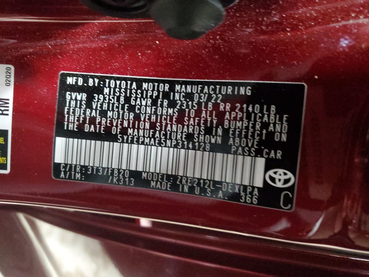 2022 TOYOTA COROLLA LE VIN:5YFEPMAE5NP314128