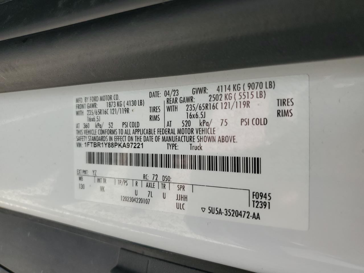 2023 FORD TRANSIT T-250 VIN:1FTBR1Y88PKA97221