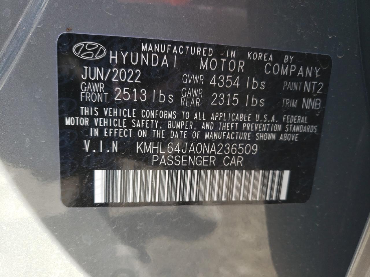 2022 HYUNDAI SONATA SEL VIN:KMHL64JA0NA236509
