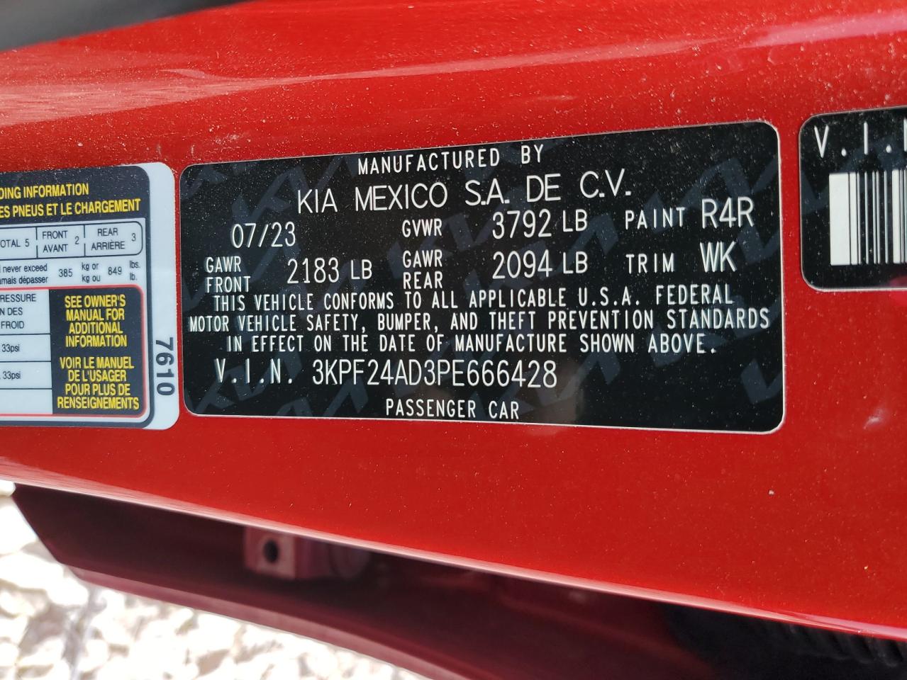 2023 KIA FORTE LX VIN:3KPF24AD3PE666428