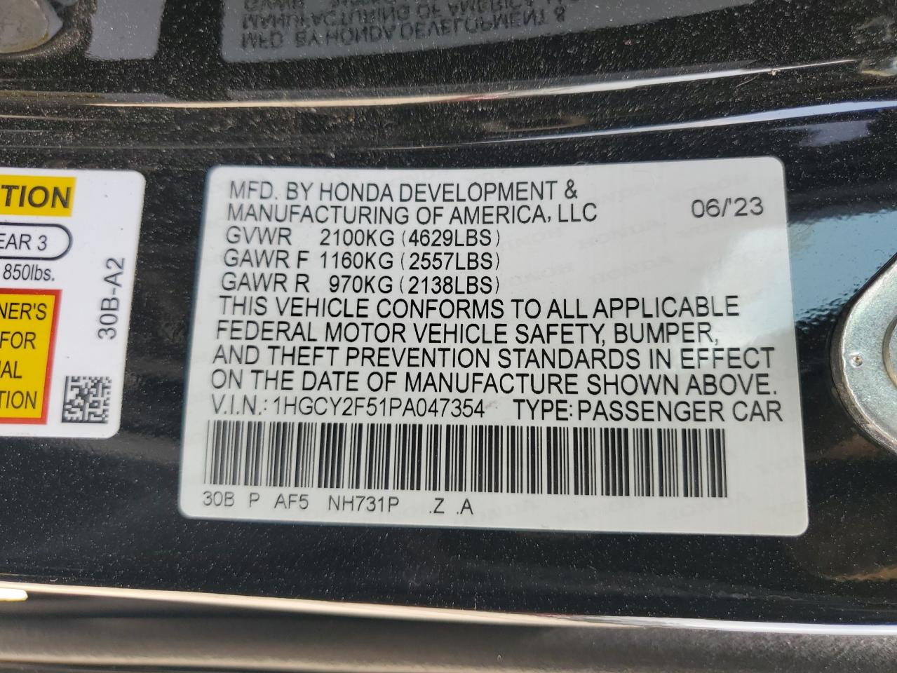 2023 HONDA ACCORD HYBRID SPORT VIN:1HGCY2F51PA047354