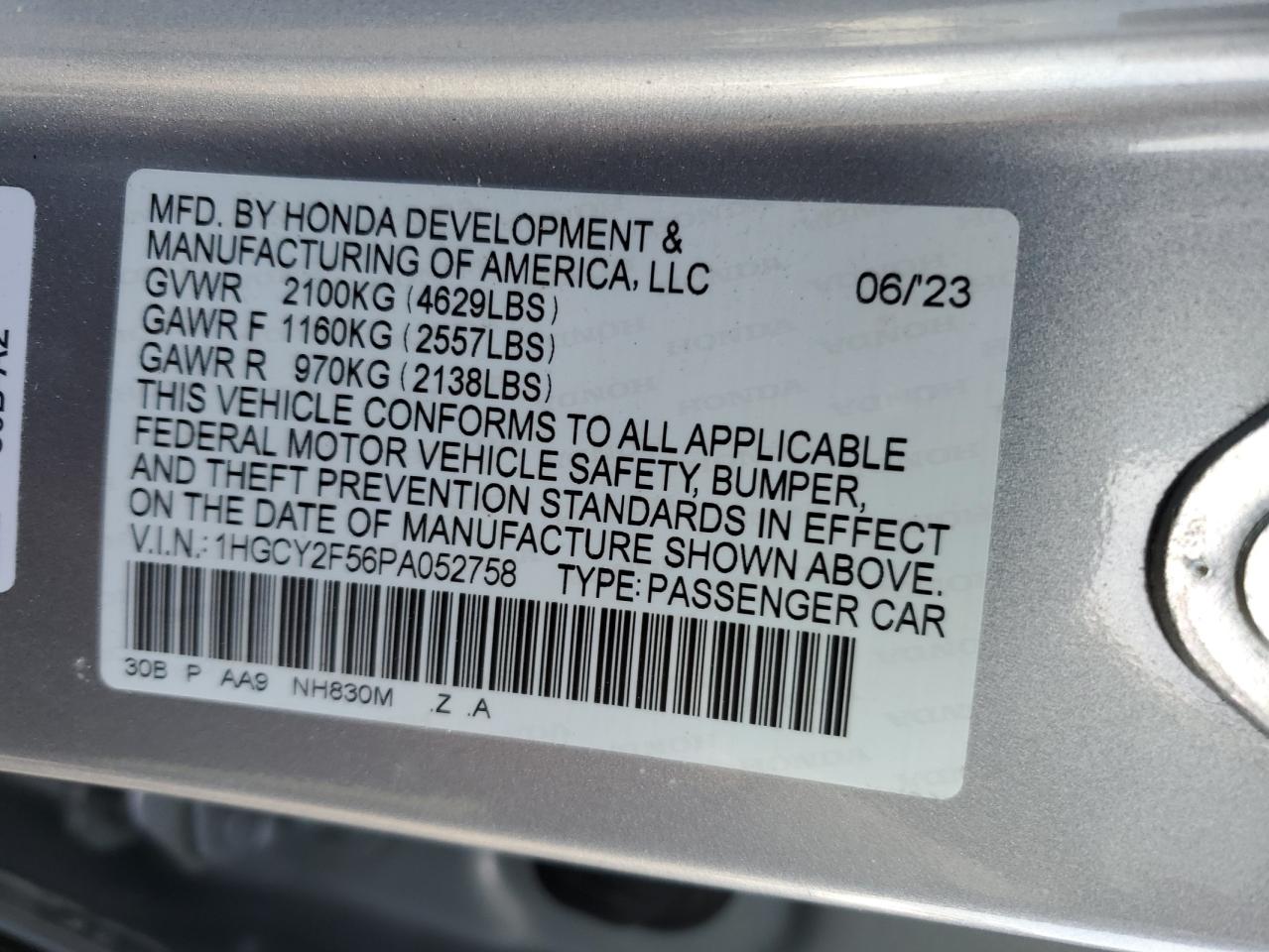 2023 HONDA ACCORD HYBRID SPORT VIN:1HGCY2F56PA052758