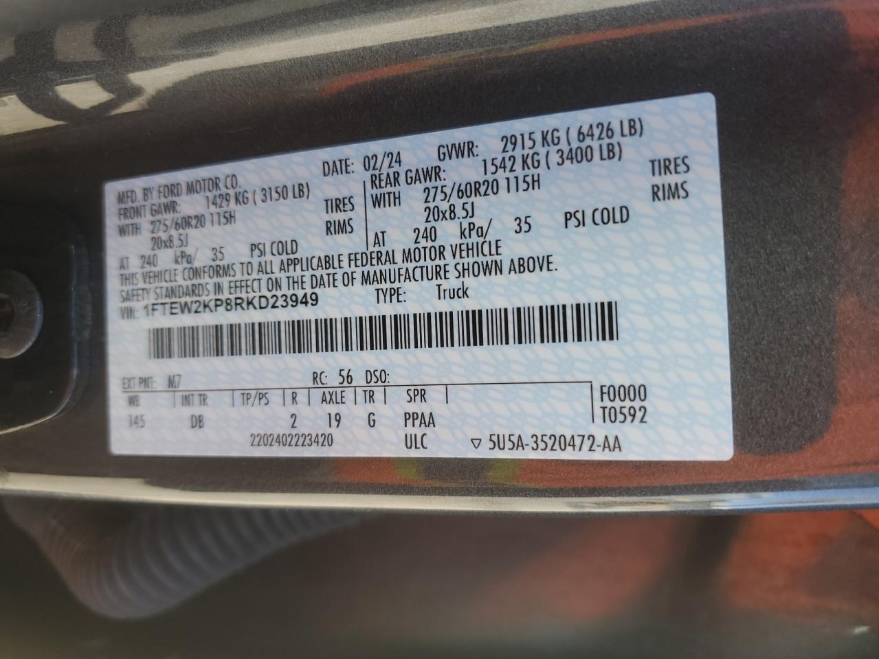 2024 FORD F150 STX VIN:1FTEW2KP8RKD23949