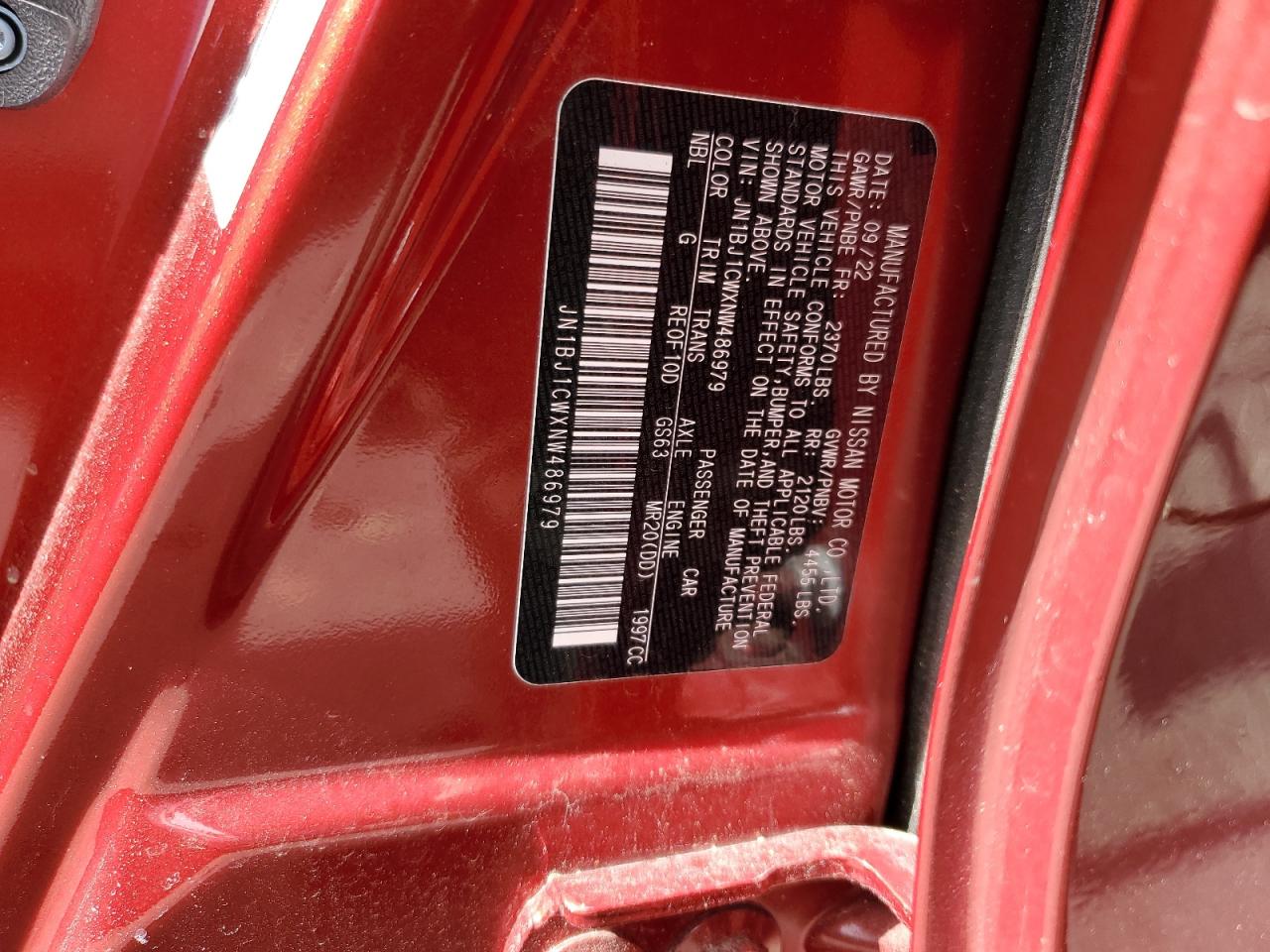 2022 NISSAN ROGUE SPORT SL VIN:JN1BJ1CWXNW486979