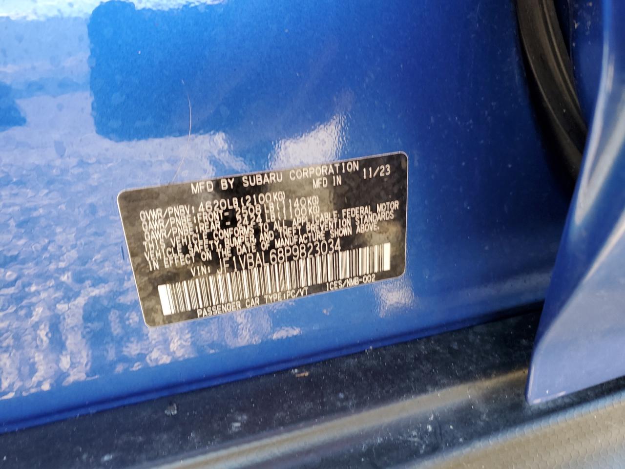 2023 SUBARU WRX LIMITED VIN:JF1VBAL68P9823034