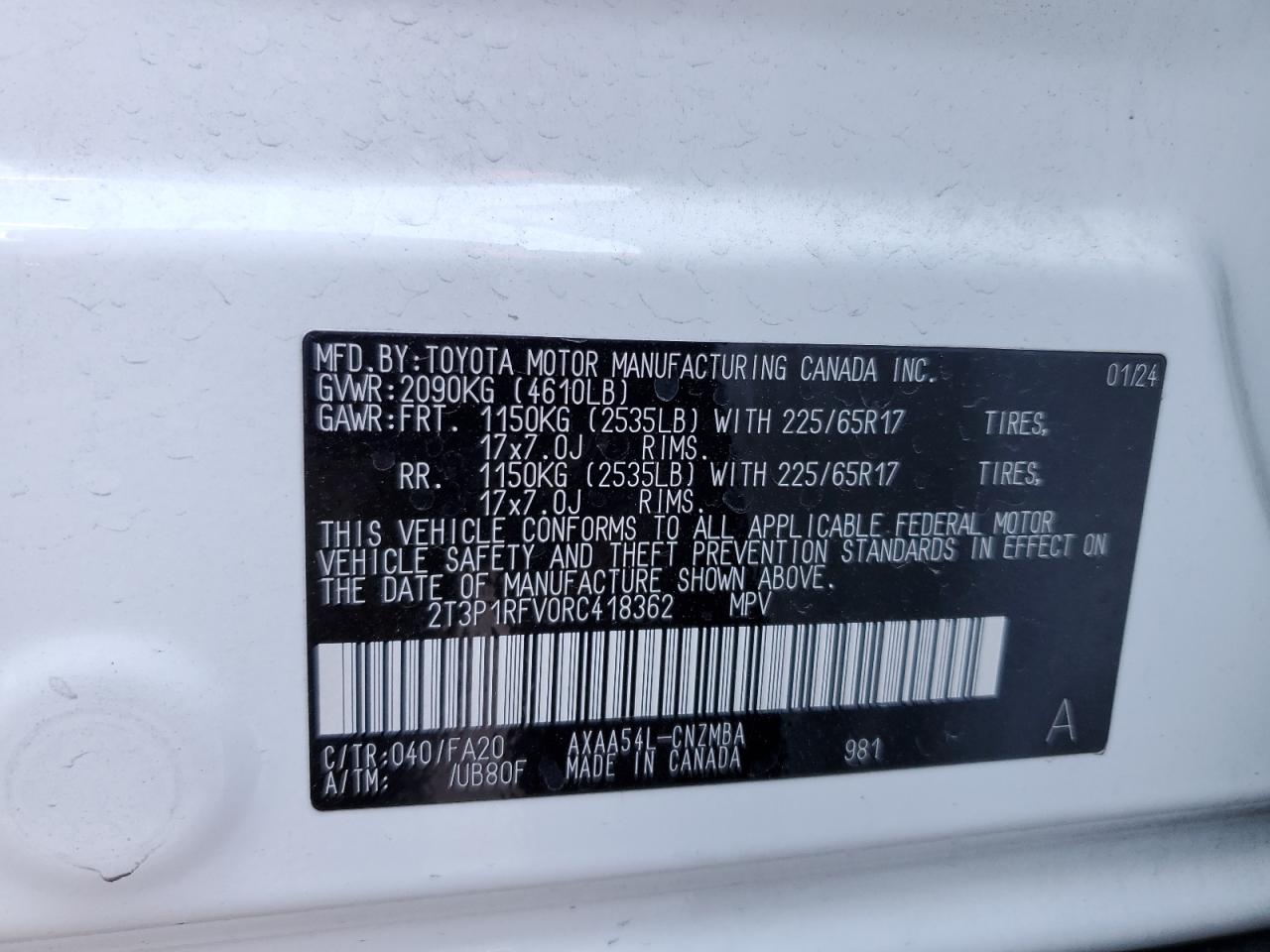 2024 TOYOTA RAV4 XLE VIN:2T3P1RFV0RC418362