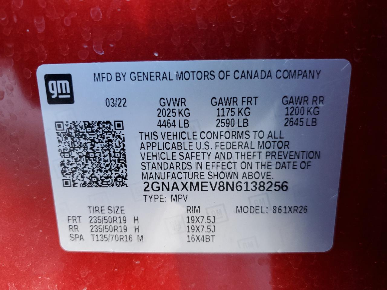 2022 CHEVROLET EQUINOX RS VIN:2GNAXMEV8N6138256