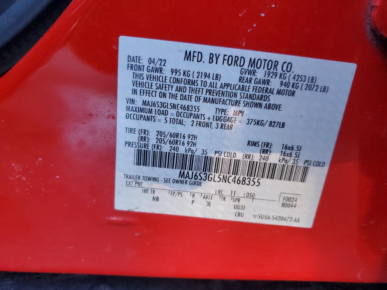 2022 FORD ECOSPORT SE VIN:MAJ6S3GL5NC468355