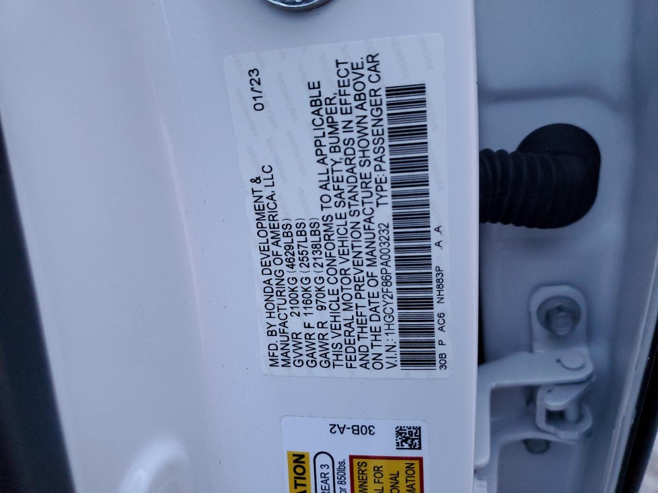 2023 HONDA ACCORD TOURING HYBRID VIN:1HGCY2F86PA003232