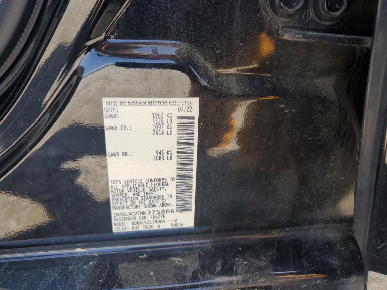 2022 NISSAN ALTIMA SR VIN:1N4BL4CV7NN375866