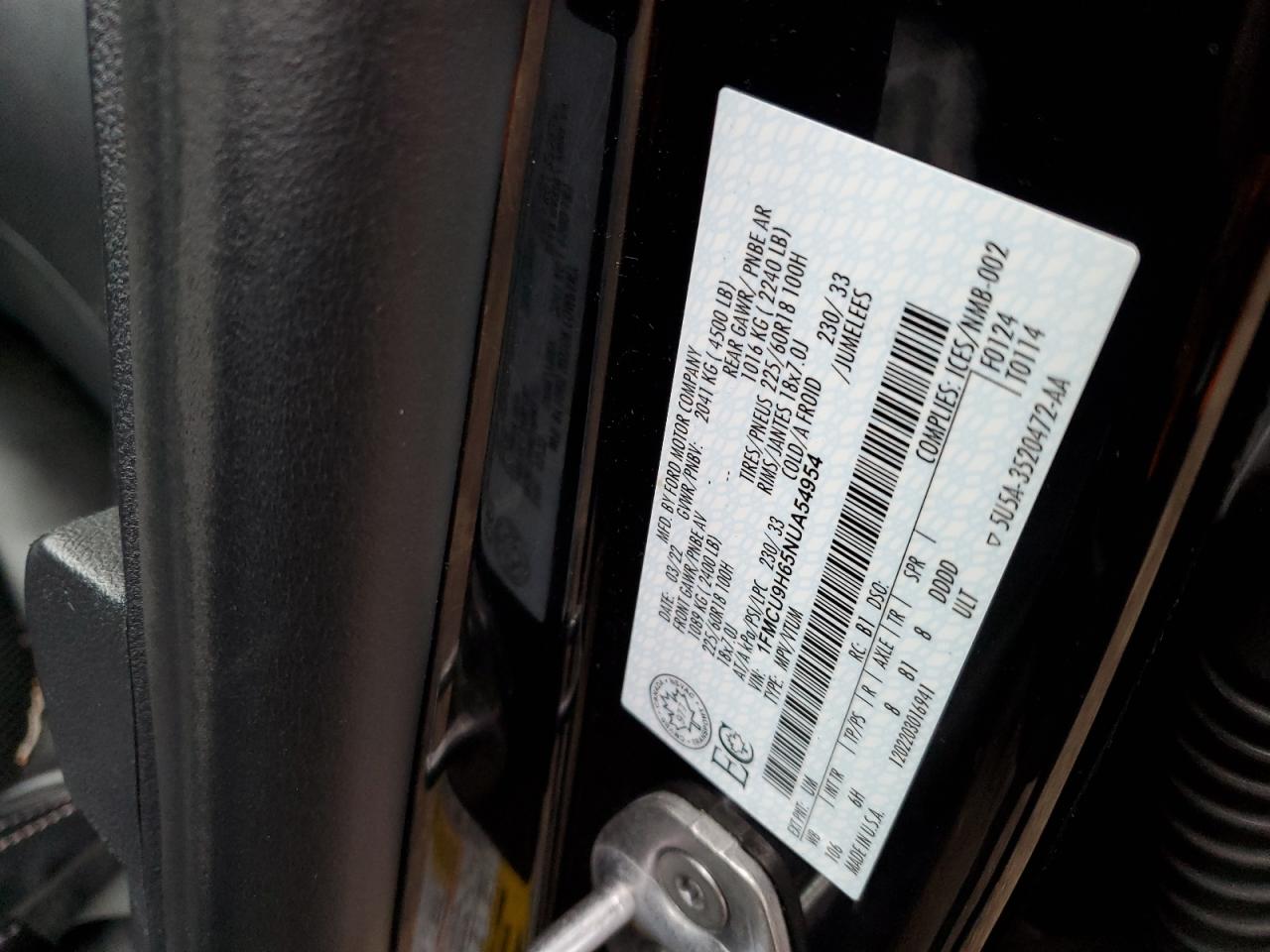 2022 FORD ESCAPE SEL VIN:1FMCU9H65NUA54954