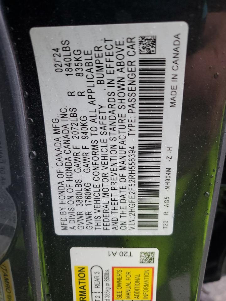 2024 HONDA CIVIC SPORT VIN:2HGFE2F52RH556394