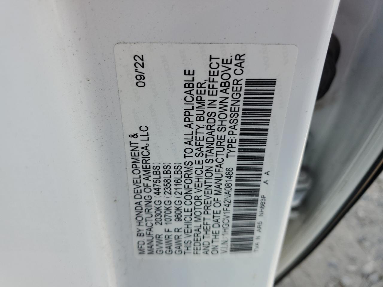 2022 HONDA ACCORD SPORT SE VIN:1HGCV1F42NA081486