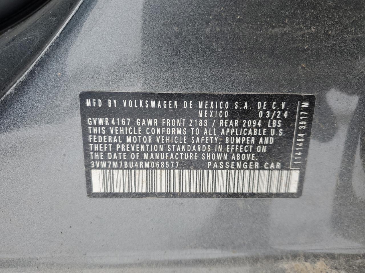 2024 VOLKSWAGEN JETTA SE VIN:3VW7M7BU4RM068577