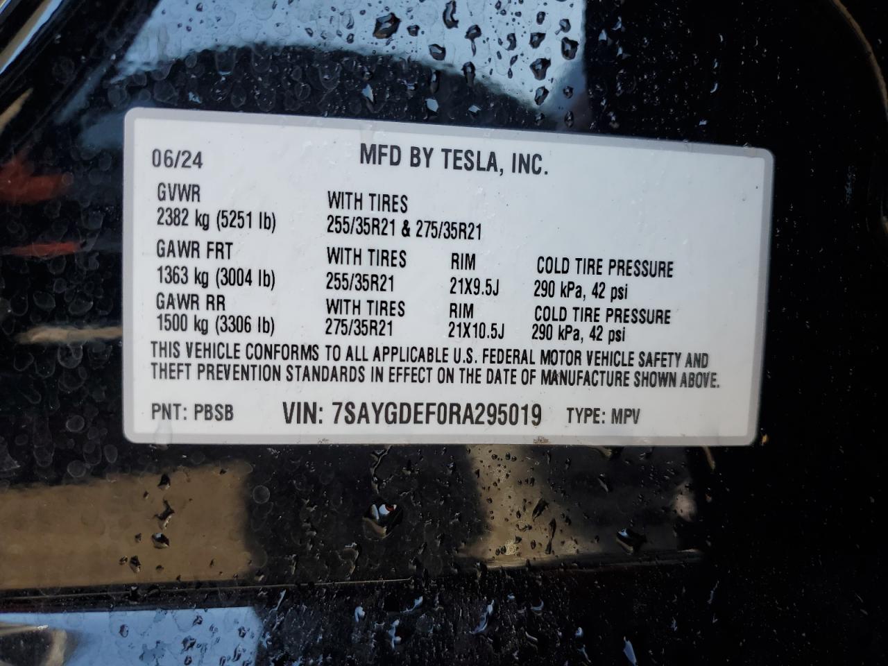 2024 TESLA MODEL Y  VIN:7SAYGDEF0RA295019