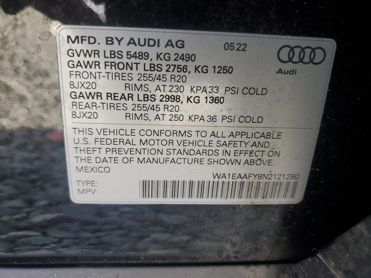 2022 AUDI Q5 PREMIUM PLUS 45 VIN:WA1EAAFY8N2121290