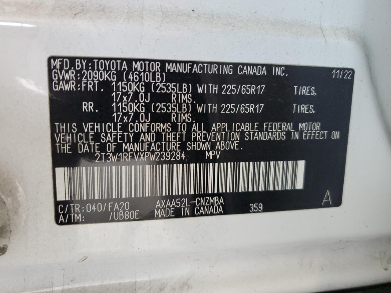 2023 TOYOTA RAV4 XLE VIN:2T3W1RFVXPW239284
