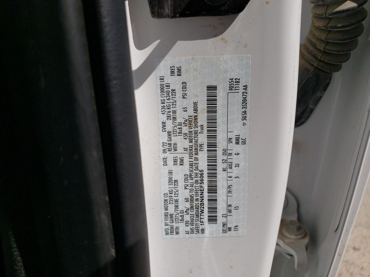 2022 FORD F250 SUPER DUTY VIN:1FT7W2BN6NEF56065