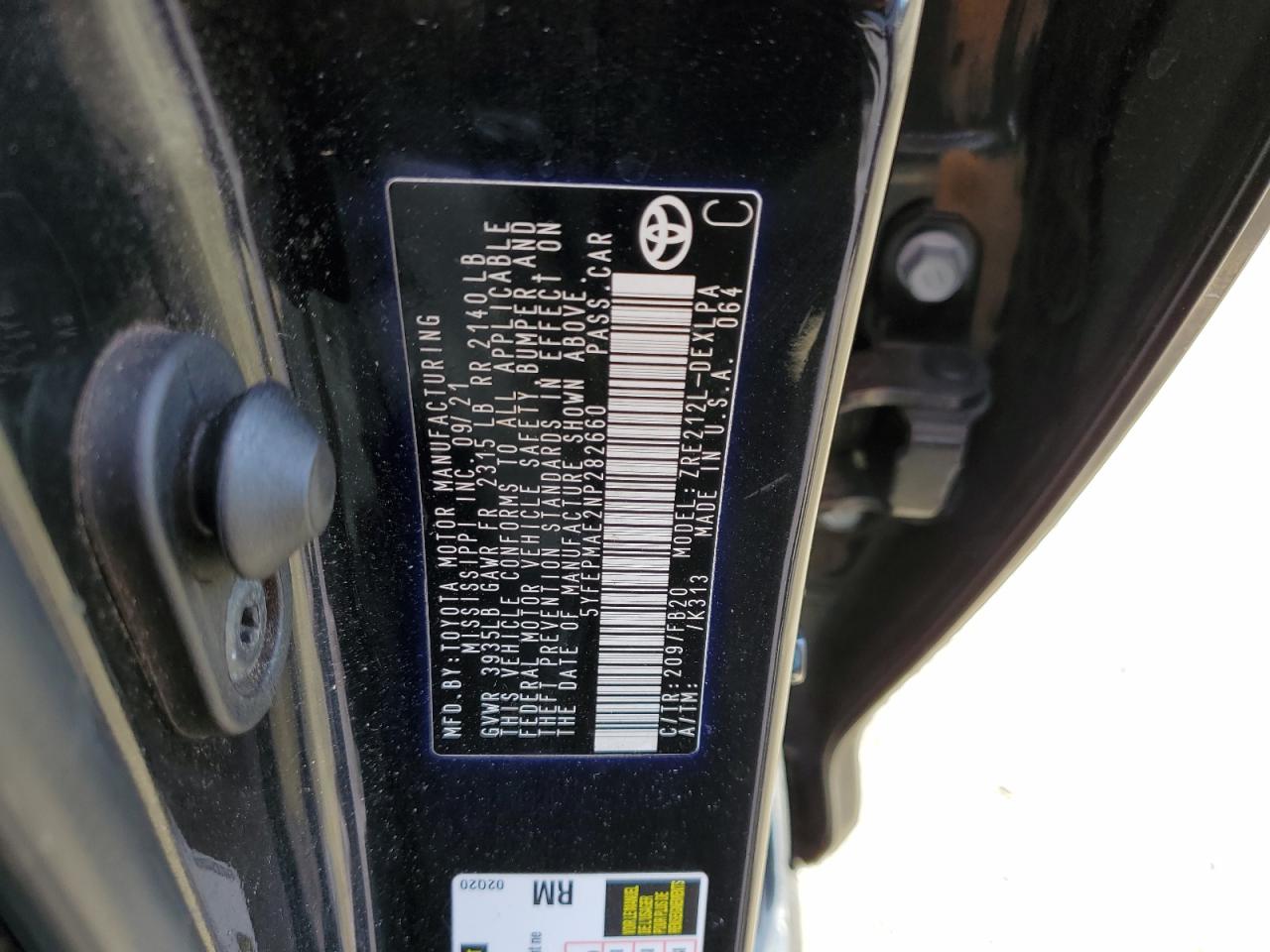 2022 TOYOTA COROLLA LE VIN:5YFEPMAE2NP282660