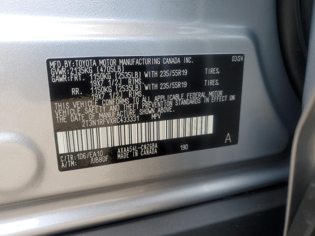 2024 TOYOTA RAV4 LIMITED VIN:2T3N1RFVXRC433331