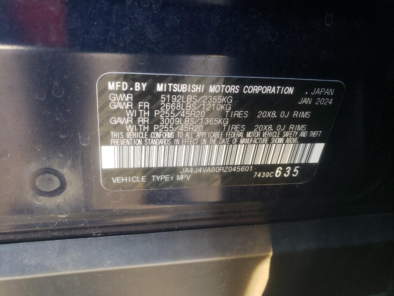 2024 MITSUBISHI OUTLANDER SE VIN:JA4J4VA80RZ045601