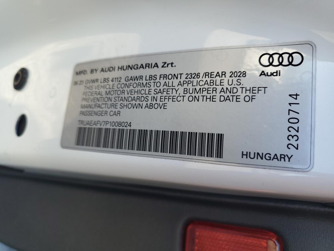 2023 AUDI TT  VIN:TRUAEAFV7P1008024