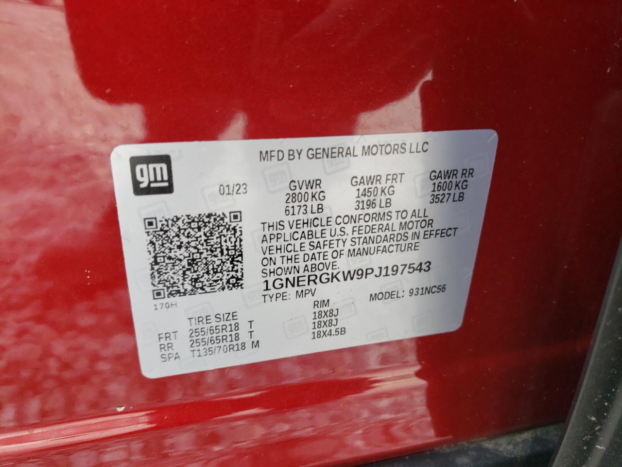 2023 CHEVROLET TRAVERSE LT VIN:1GNERGKW9PJ197543