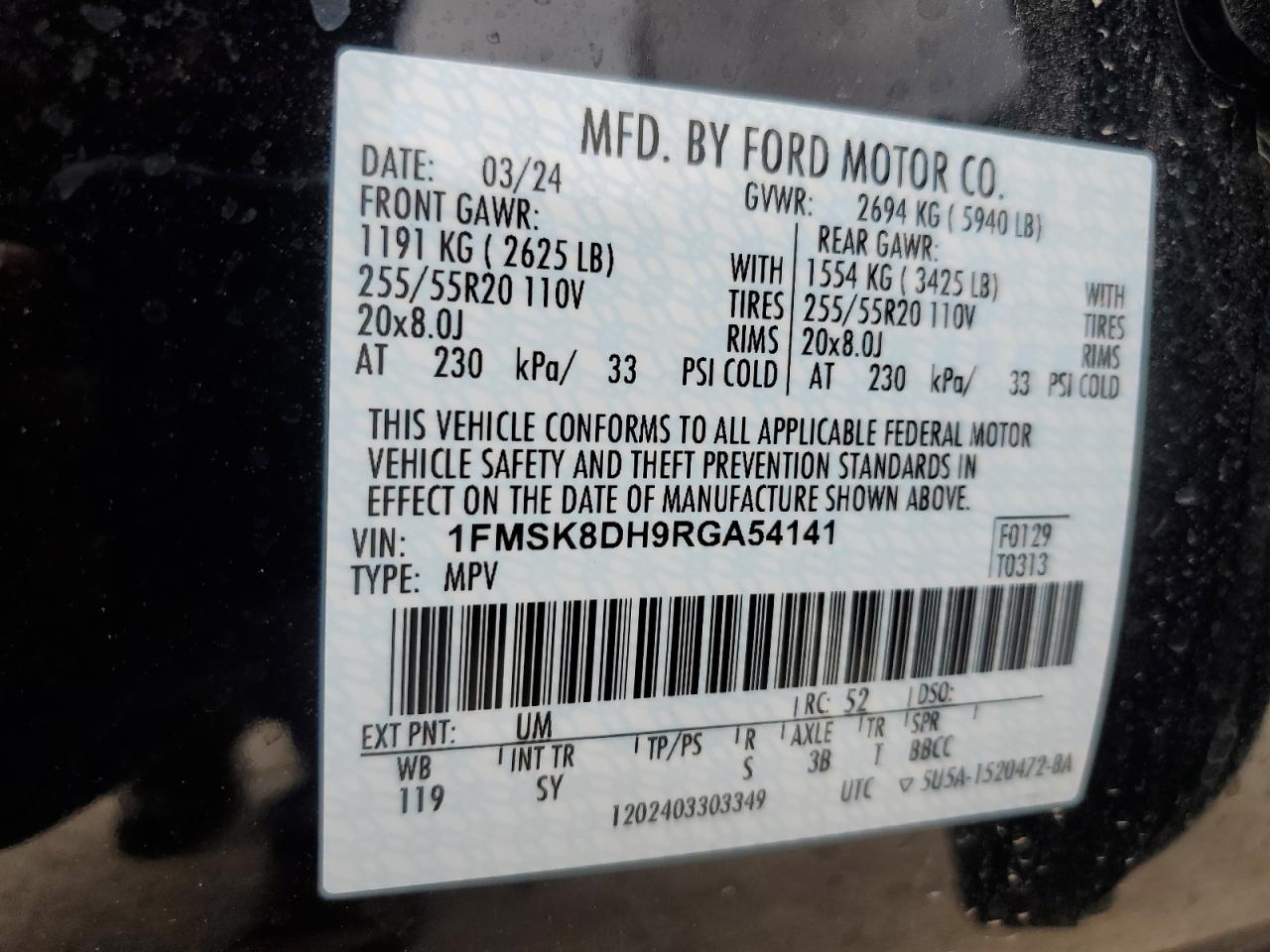 2024 FORD EXPLORER XLT VIN:1FMSK8DH9RGA54141