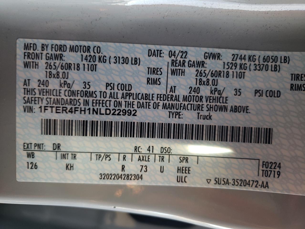 2022 FORD RANGER XL VIN:1FTER4FH1NLD22992