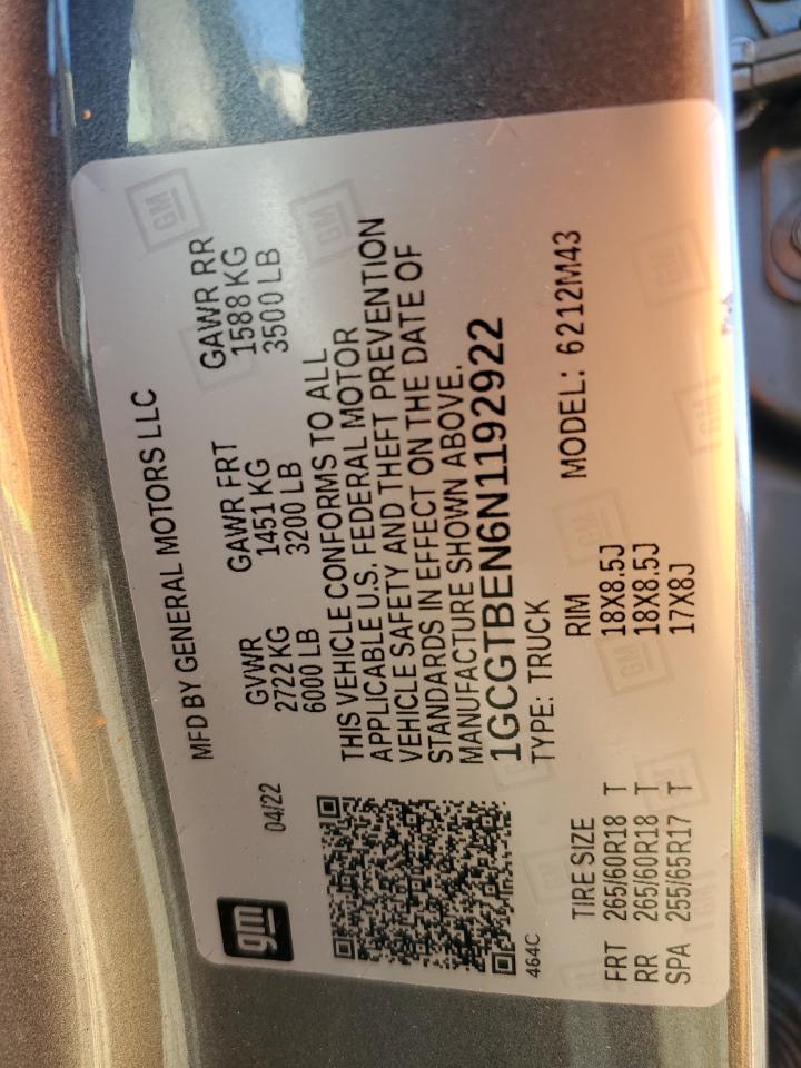 2022 CHEVROLET COLORADO  VIN:1GCGTBEN6N1192922